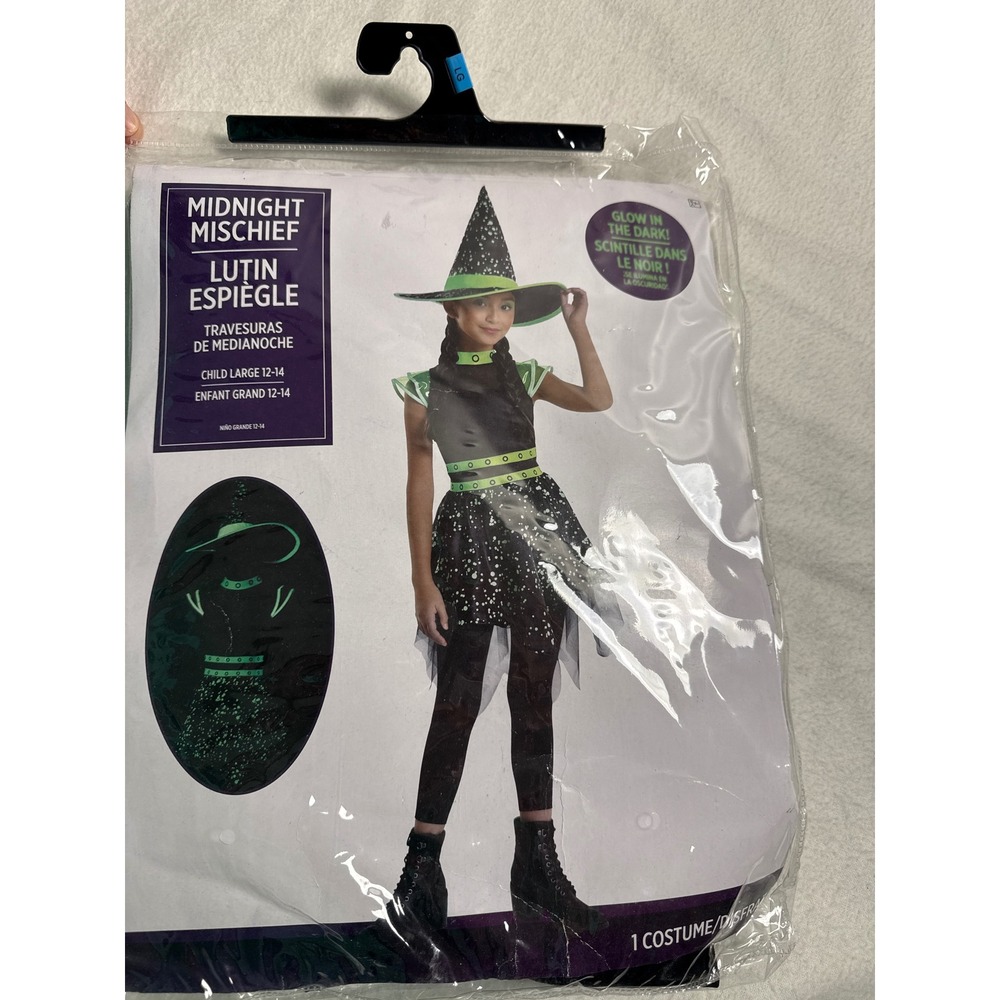 Midnight Mischief Witch Costume Kids Size 12-14 Black Green Glow In The Dark New